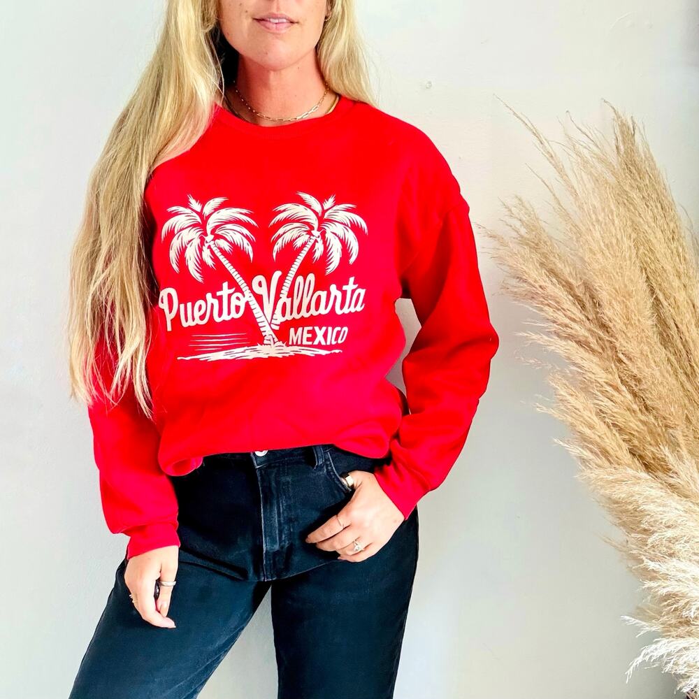 NEW Puerto Vallarta Mexico Red White Palm Tree Crew Neck Sweater Sweatshirt L